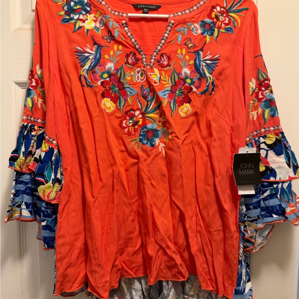 John MarkWoven Tropical Floral Print Embroidered Split Neck 3/4 Sleeve Tunic - Picture 3 of 5